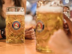 Maß Oktoberfestbier im Paulaner Festzelt auf dem Münchner Oktoberfest.